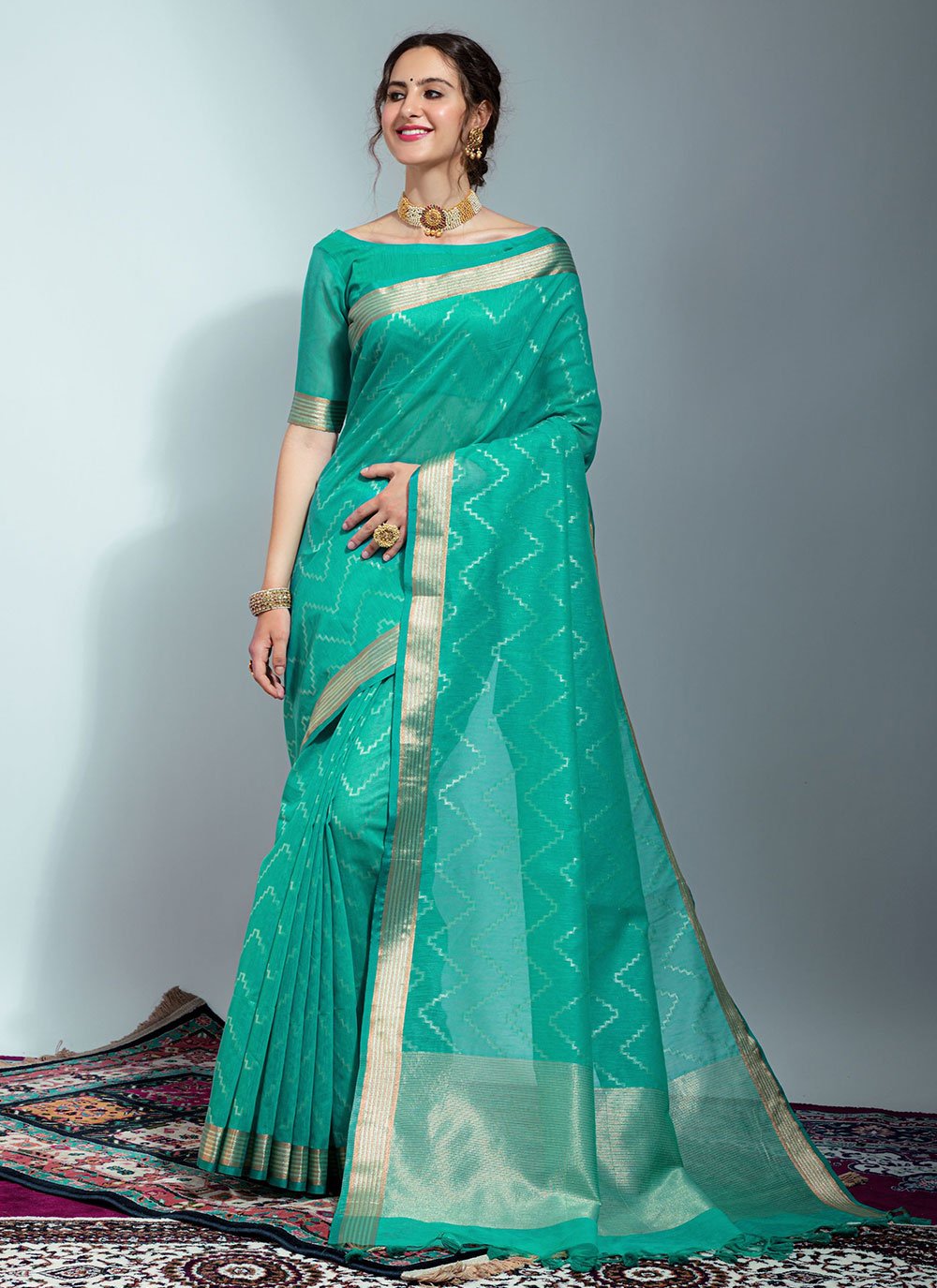 Attractive Woven Linen Turquoise Casual Saree