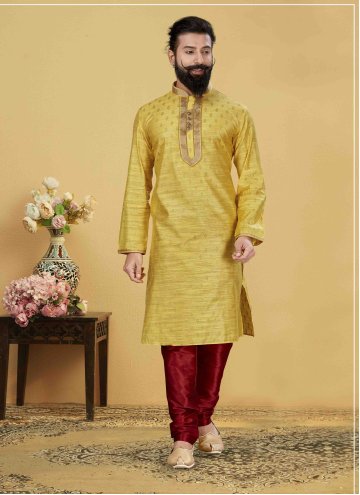 Attractive Yellow Jacquard Silk Embroidered Kurta Payjama With Jacket for Ceremonial