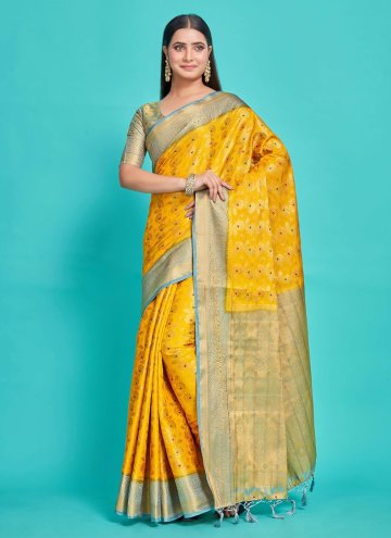 Attractive Yellow Kanjivaram Silk Woven Trendy Saree for Party