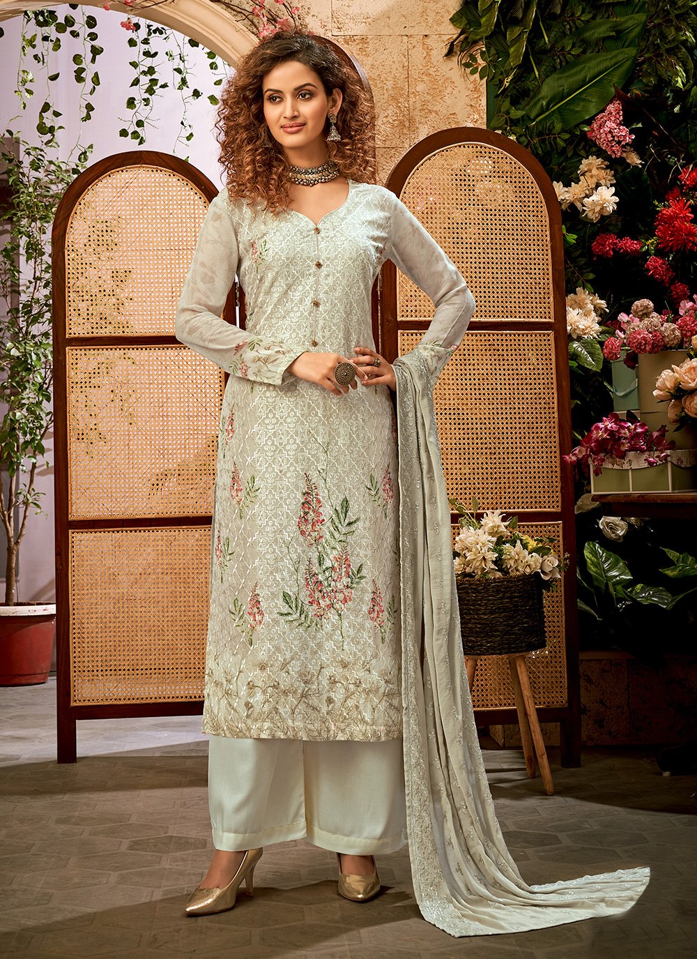 Bamber Georgette Designer Suit in Green Enhanced with Embroidered