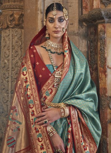 Banarasi Classic Designer Saree in Green and Maroon Enhanced with Woven