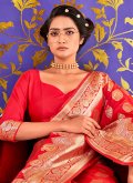 Banarasi Contemporary Saree in Red Enhanced with Jacquard Work - 1