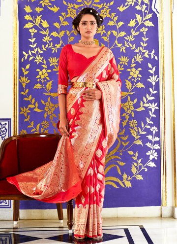 Banarasi Contemporary Saree in Red Enhanced with Jacquard Work