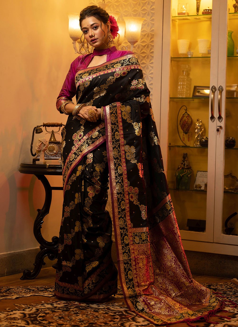 Banarasi Designer Saree in Black Enhanced with Woven