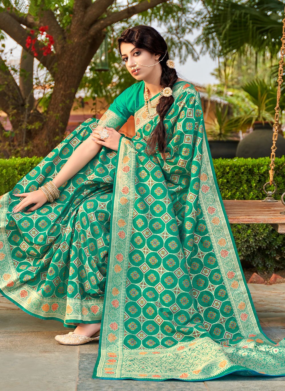 Banarasi Designer Traditional Saree in Sea Green Enhanced with Woven