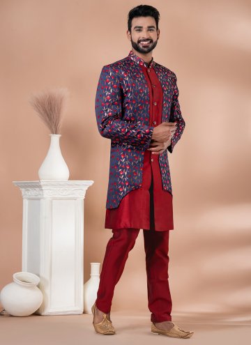 Banarasi Indo Western in Navy Blue and Red Enhanced with Jacquard Work