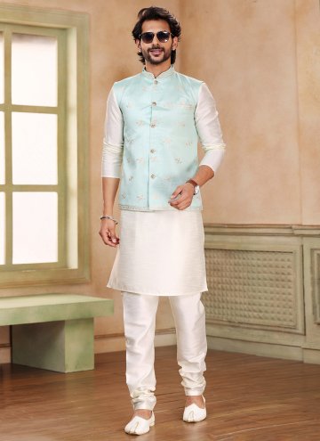 Banarasi Jacquard Kurta Payjama With Jacket in Cream and Green Enhanced with Embroidered