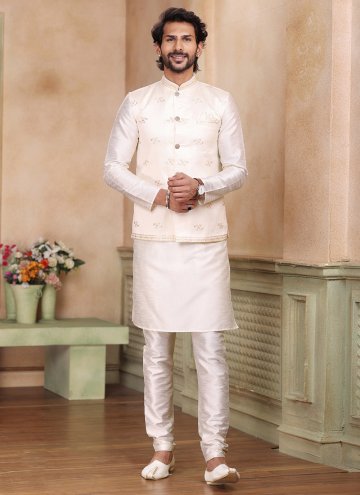 Banarasi Jacquard Kurta Payjama With Jacket in Cream Enhanced with Embroidered