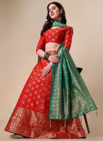 Banarasi Jacquard Lehenga Choli in Green and Red Enhanced with Woven