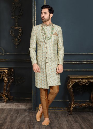 Banarasi Jacquard Sherwani in Gold and Off White Enhanced with Embroidered