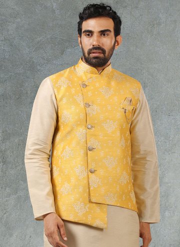Banarasi Kurta Payjama With Jacket in Beige and Yellow Enhanced with Jacquard Work