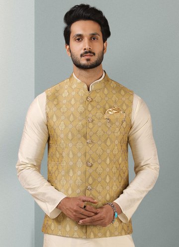 Banarasi Kurta Payjama With Jacket in Cream and Yellow Enhanced with Embroidered