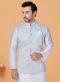 Banarasi Kurta Payjama With Jacket in Grey and Off White Enhanced with Fancy work - 1