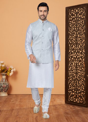 Banarasi Kurta Payjama With Jacket in Grey and Off White Enhanced with Fancy work