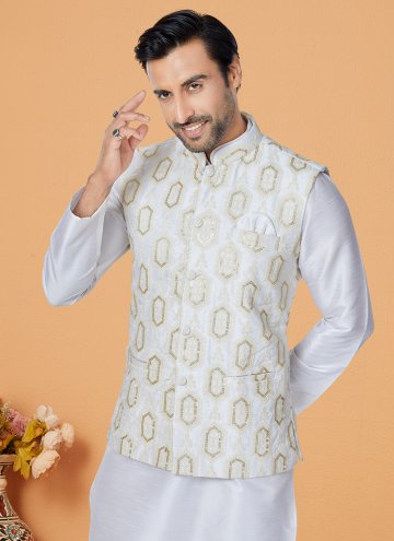 Banarasi Kurta Payjama With Jacket in Off White Enhanced with Fancy work