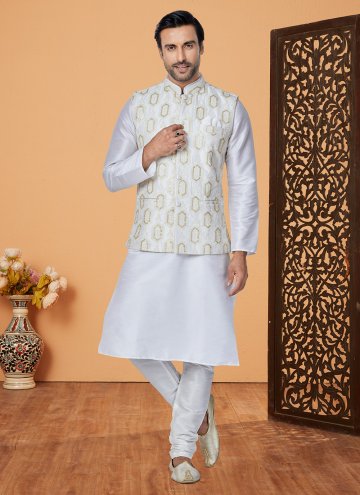 Banarasi Kurta Payjama With Jacket in Off White Enhanced with Fancy work