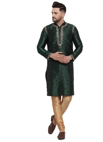 Banarasi Kurta Pyjama in Green Enhanced with Embroidered