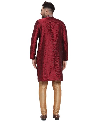 Banarasi Kurta Pyjama in Maroon Enhanced with Embroidered