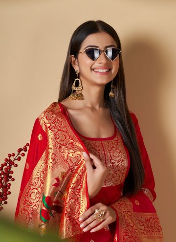 Banarasi Salwar Suit in Red Enhanced with Woven
