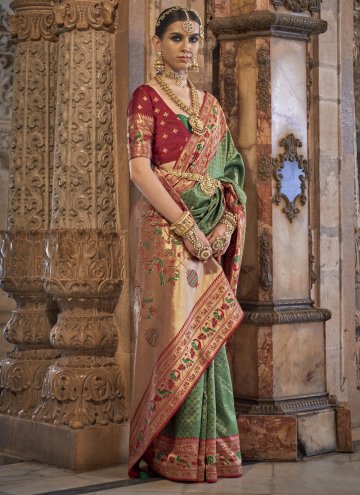 Banarasi Silk Saree in Green and Maroon Enhanced w