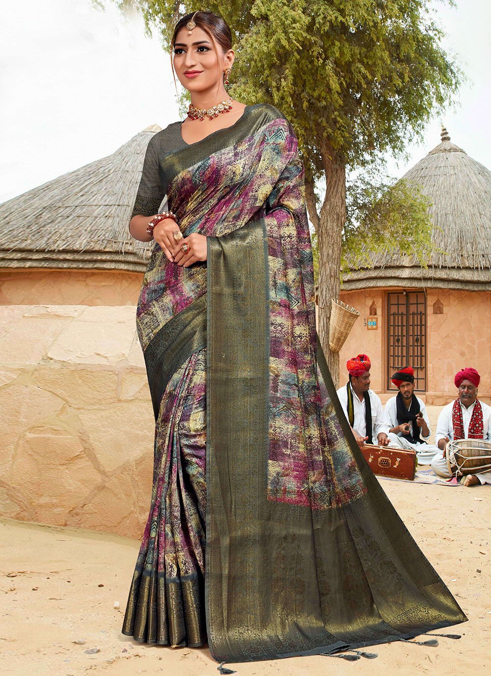 Banarasi Traditional Saree in Grey Enhanced with Digital Print