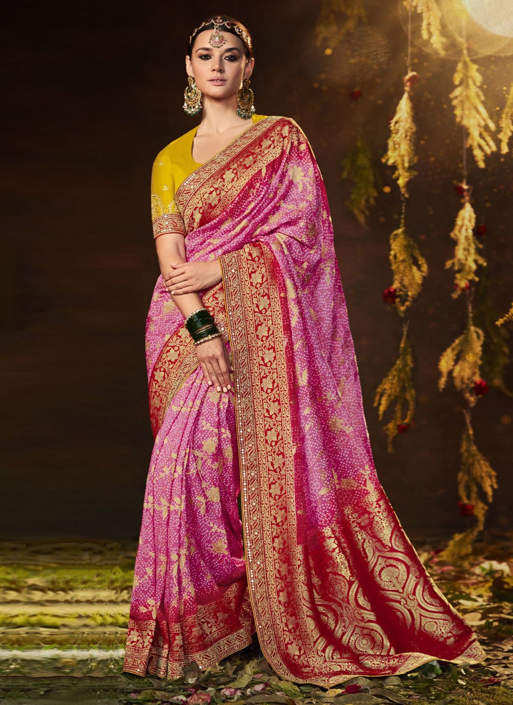 Bandhej Print Silk Pink Trendy Saree