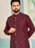 Banglori Silk Kurta Payjama With Jacket in Wine Enhanced with Embroidered - 1