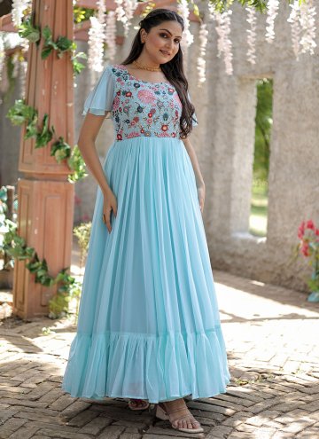 Beautiful Aqua Blue Faux Georgette Embroidered Designer Gown for Festival