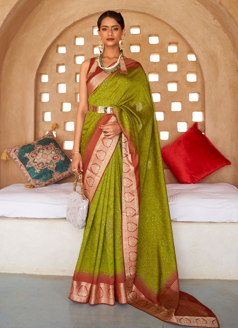Beautiful Bandhej Print Silk Green Traditional Saree