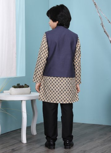 Beautiful Beige and Navy Blue Handloom Silk Plain Work Kurta Payjama With Jacket