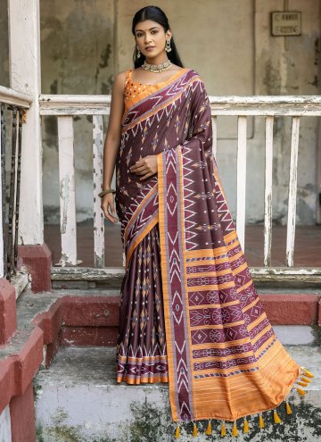 Beautiful Brown Cotton Silk Printed Classic Designer Saree for Casual