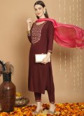 Beautiful Brown Rayon Embroidered Pant Style Suit - 1