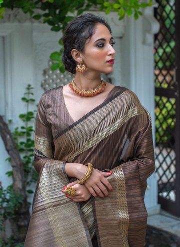 Beautiful Brown Tussar Silk Woven Contemporary Saree