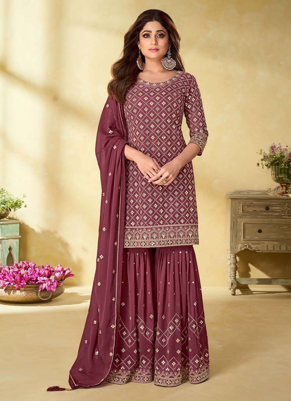 Beautiful Embroidered Pure Georgette Pink Palazzo Suit