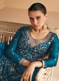 Beautiful Embroidered Satin Silk Teal Designer Salwar Kameez - 1