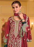 Beautiful Embroidered Silk Red Pant Style Suit - 1