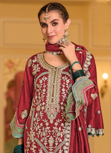 Beautiful Embroidered Silk Red Pant Style Suit