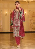 Beautiful Embroidered Silk Red Pant Style Suit - 2
