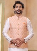 Beautiful Fancy work Banarasi Off White and Peach Kurta Payjama With Jacket - 1