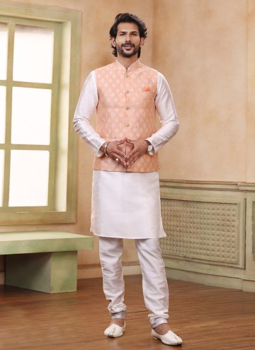 Beautiful Fancy work Banarasi Off White and Peach Kurta Payjama With Jacket