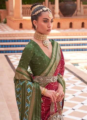 Beautiful Green and Maroon Patola Silk Patola Print Trendy Saree for Ceremonial