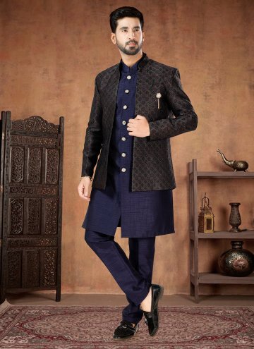 Beautiful Green and Navy Blue Jacquard Embroidered Indo Western