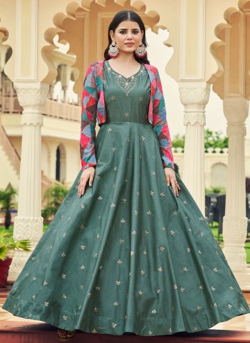Beautiful Green Cotton  Embroidered Gown