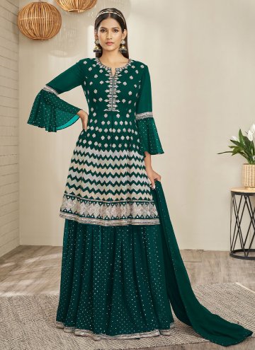 Beautiful Green Georgette Embroidered A Line Lehen