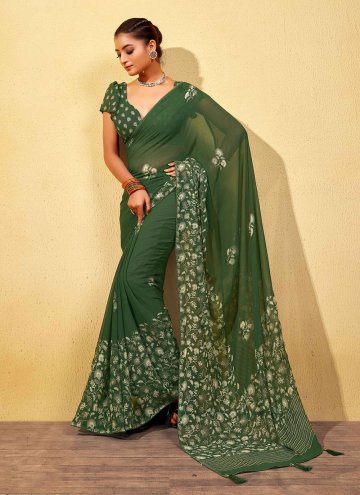 Beautiful Green Georgette Foil Print Trendy Saree for Casual
