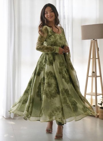 Beautiful Green Organza Printed Designer Gown