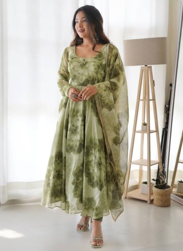 Beautiful Green Organza Printed Designer Gown