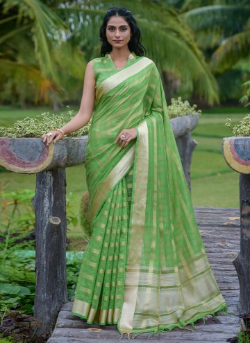 Beautiful Green Organza Strips Print Contemporary Saree