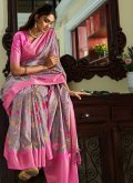 Beautiful Grey and Pink Handloom Silk Floral Print Classic Designer Saree - 1