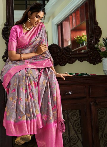 Beautiful Grey and Pink Handloom Silk Floral Print Classic Designer Saree